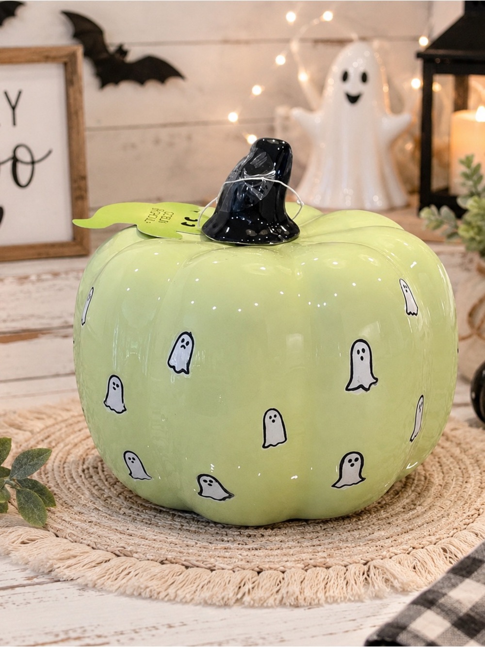 NWT Charming Green Ceramic Ghost Pumpkin 8” – Summerween Halloween Decor